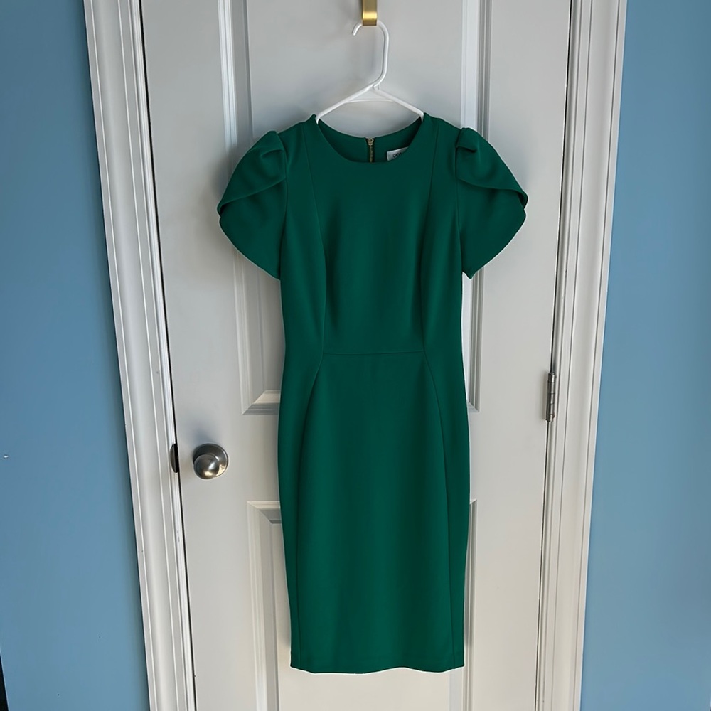 Vibrant Green Midi Sheath Dress with Puff Sleeves for Cocktail